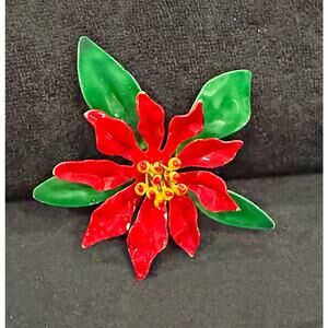 Vintage Red & Green Enamel Poinsettia Christmas Brooch – Holiday Flower Pin CP68